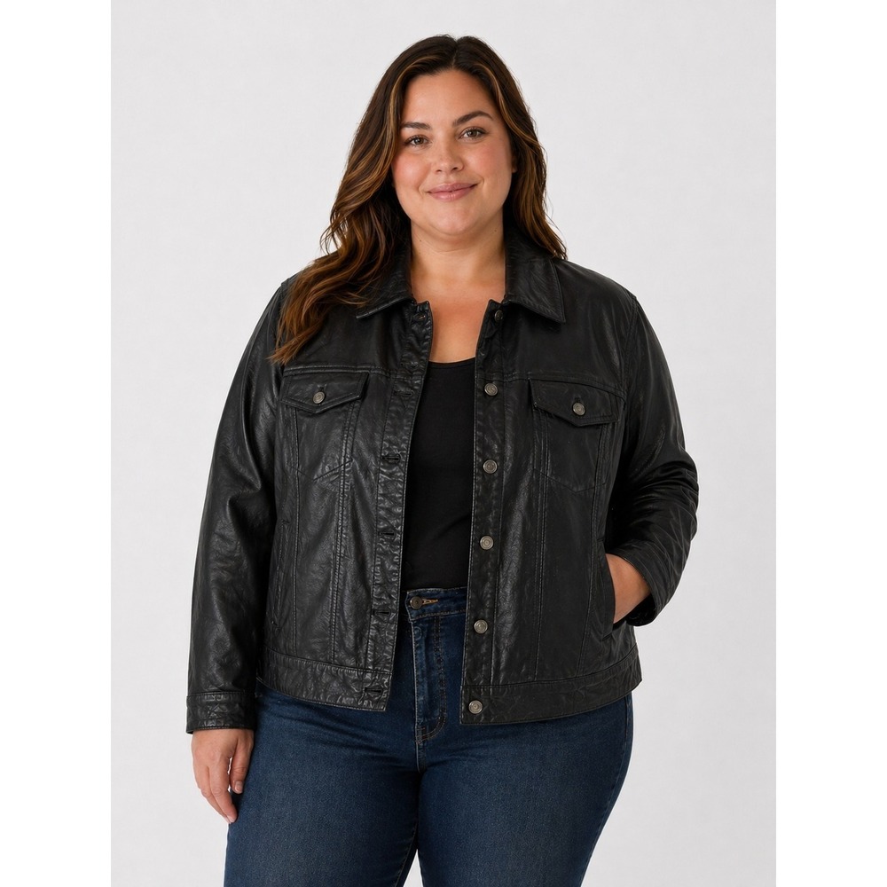 Real Leather Trucker Jacket Womens Plus Size XXXL Black Button Front Crop Style